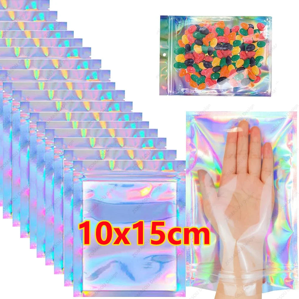 1-400PCS Plastic Laser Sealing Bags Color Holographic Candy Food Pouch Resealable Necklace Gift Jewelry Packaging Storage Bag
