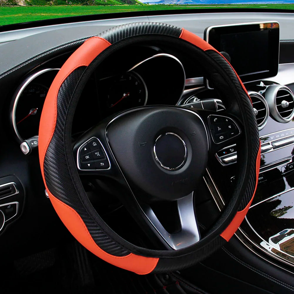 Carbon Fiber PU Leather Steering Wheel Cover – Universal Fit 14.5–15 Inch | Anti-Slip Car Interior Accessory