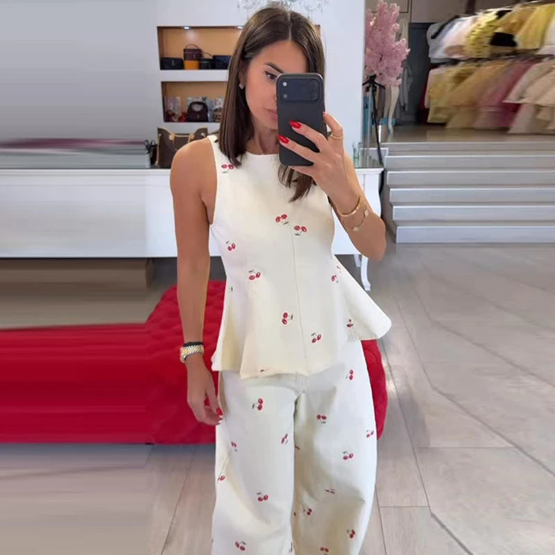 Printed Ruffle-Hem Top & Curved Pants Set — Women's 2-Piece