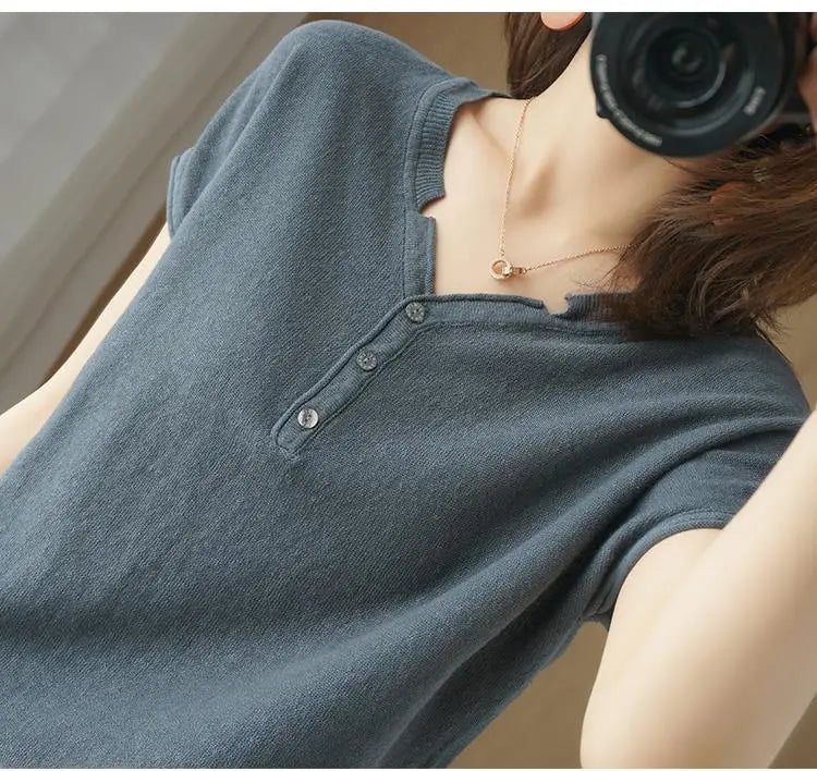 Summer 100% pure cotton women's T-shirt V-neck knitted short sleeved loose Tees solid color pullover button Tops basic versatile