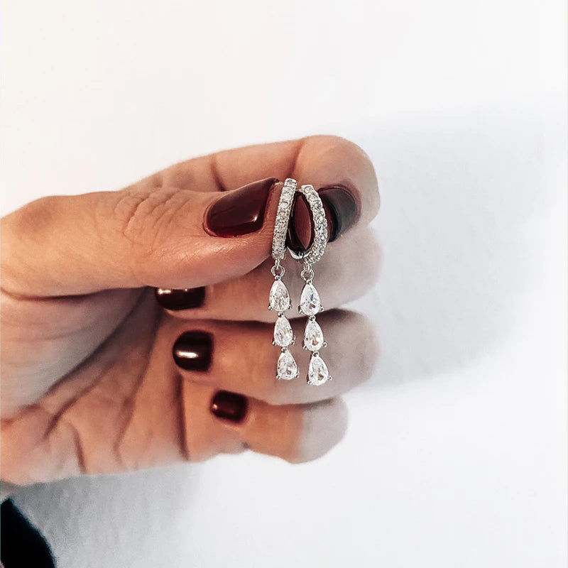 925 Sterling Silver Tassel Hoop Earrings for Women - White Zircon