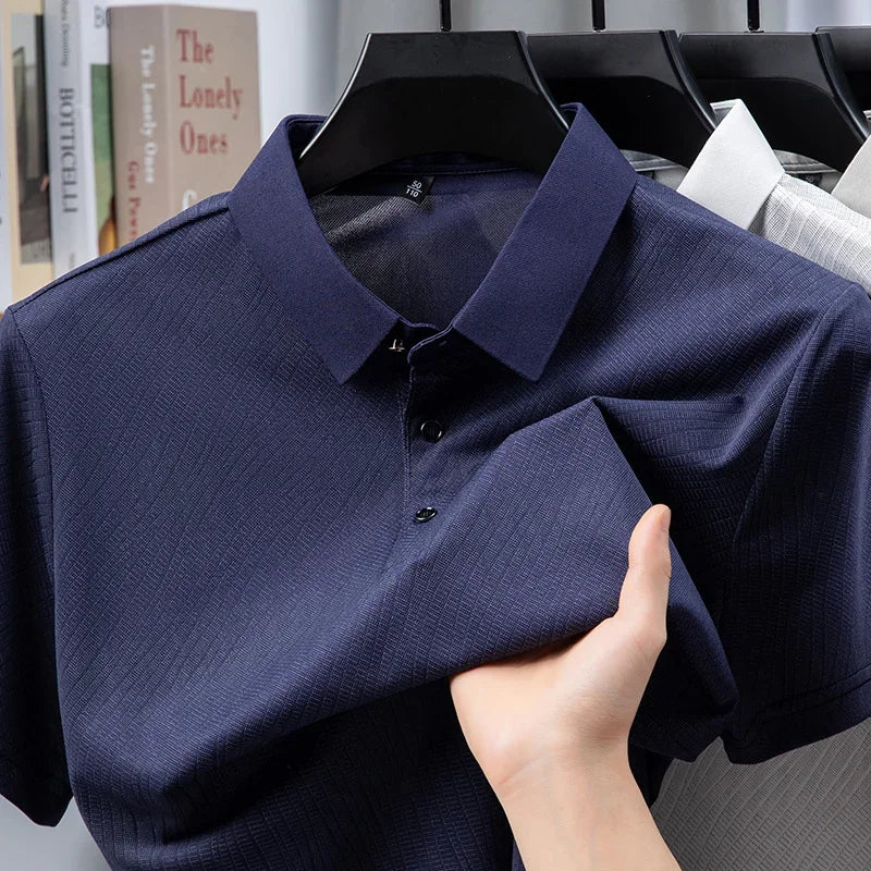 Men's Textured Polo Shirt - Solid Lapel, Breathable Office Casual