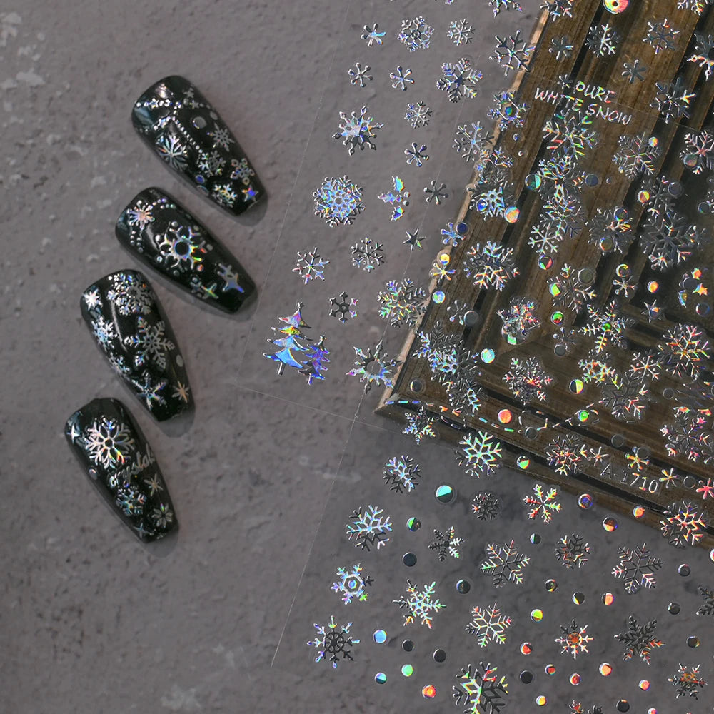 12Pcs/set Laser Silver Snowflake Nail Stickers Set  3D Winter Elk Snowflake Nail Art Decoration DIY Holographic Snowflake Slider