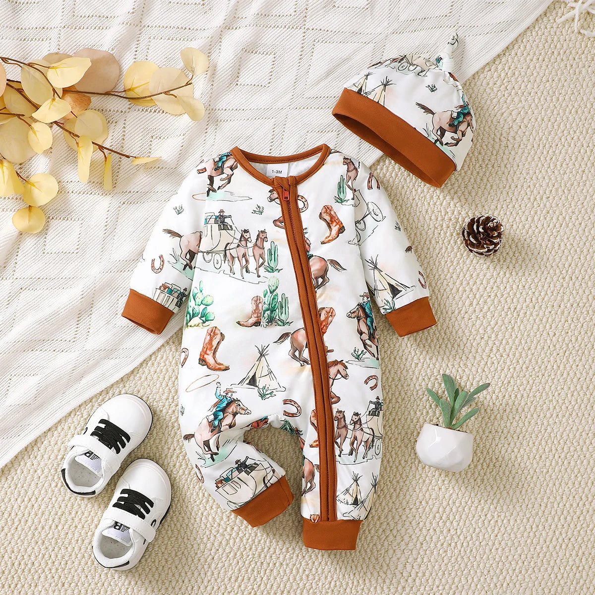 Baby Boy Bear Print Romper - Long Sleeve Button-Front Onesie - photo 16