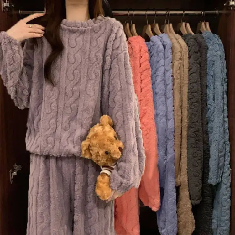 Women's Thick Coral Fleece PJs - Round Neck Winter Sleepwear, Plus Size - photo 13