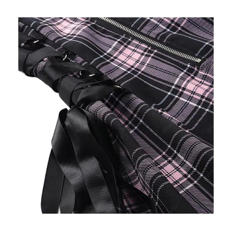 Dark Gothic Women Plaid Dress High Waist Bodycon Vintage Punk Harajuku Lolita Sleeveless Streetwear Y2K Sexy A-Line Mini Dresses