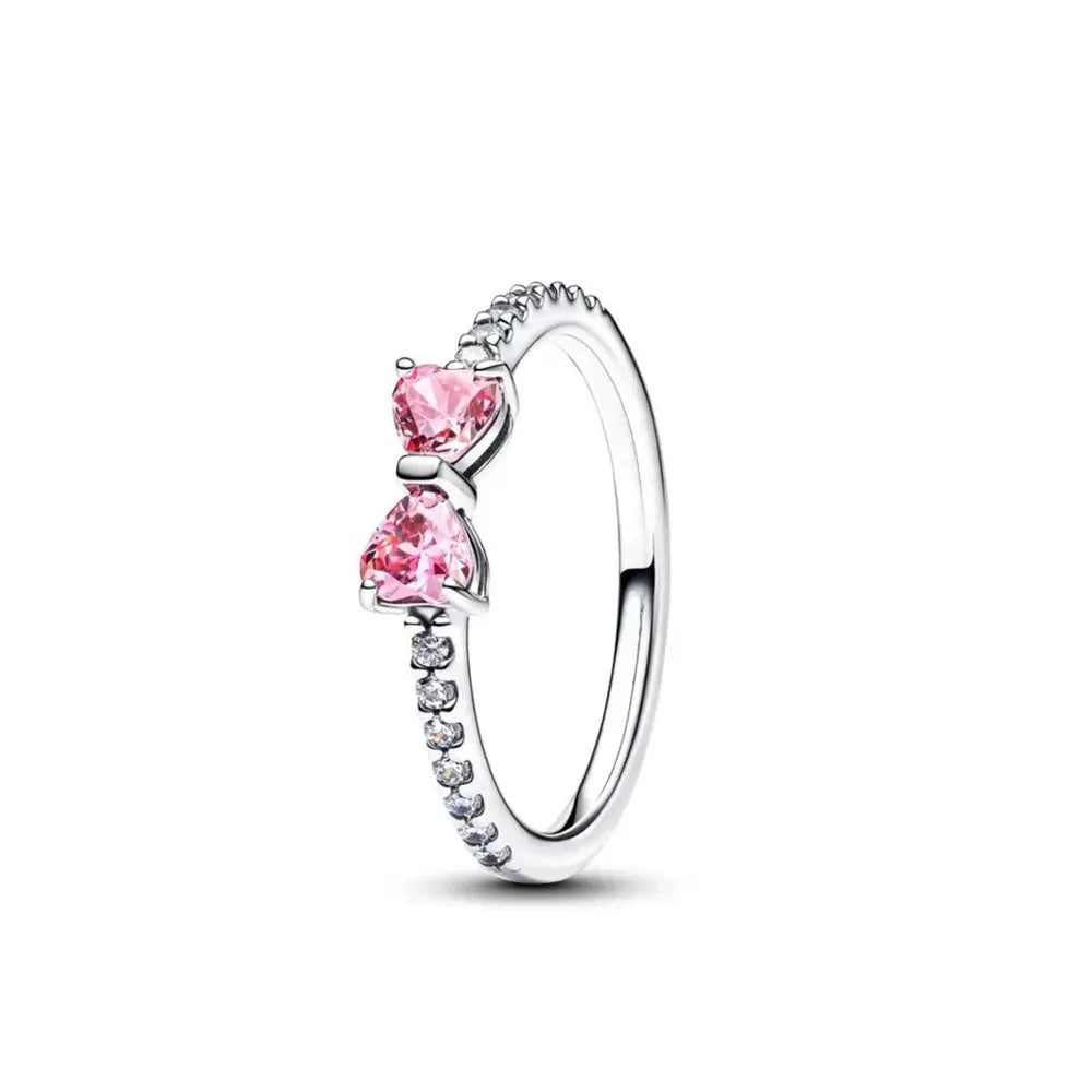 925 Silver Bow Ring – Dainty Pink & Red Stackable Band