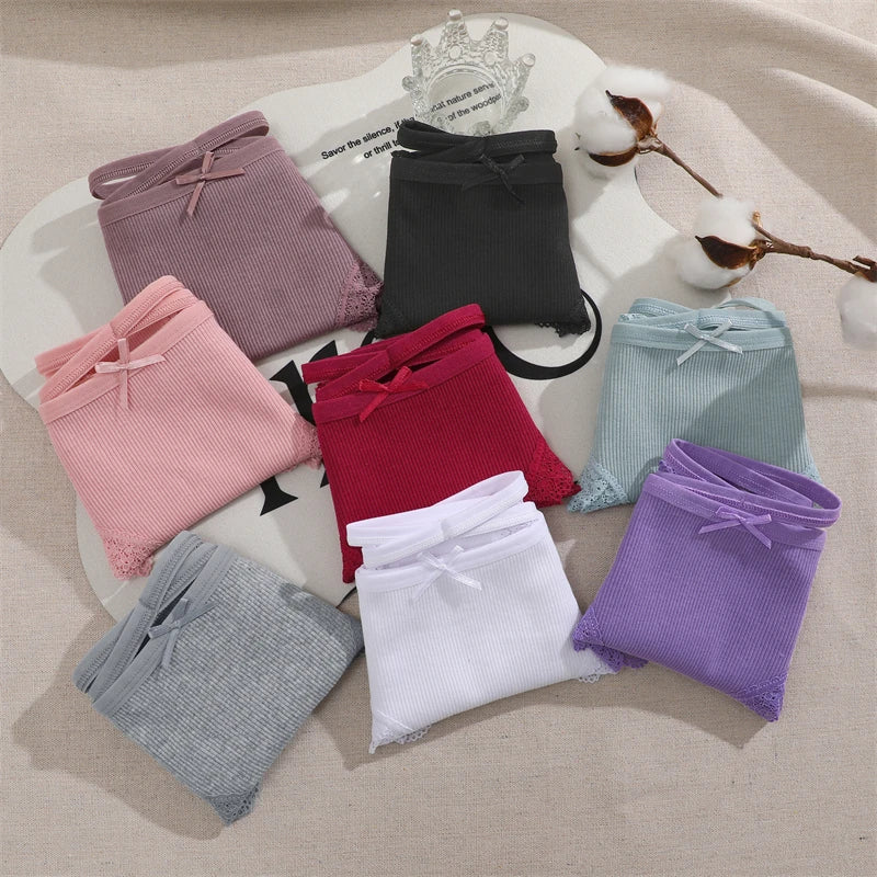 2PCS Cotton Panties for Women Sexy Lace Brazilian Briefs Female Low-Waist Cross Webbing Underpants Stretch Breathable Intimates