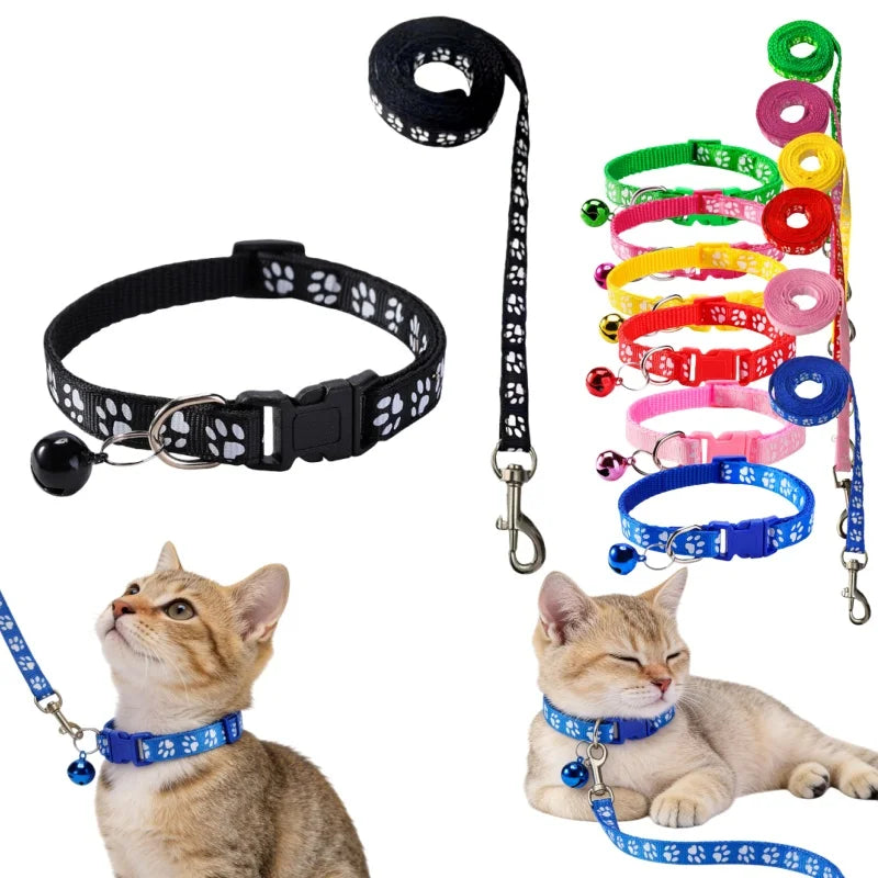 Cat Collar & Leash Set - Cartoon Paw Bell Collar for Kittens