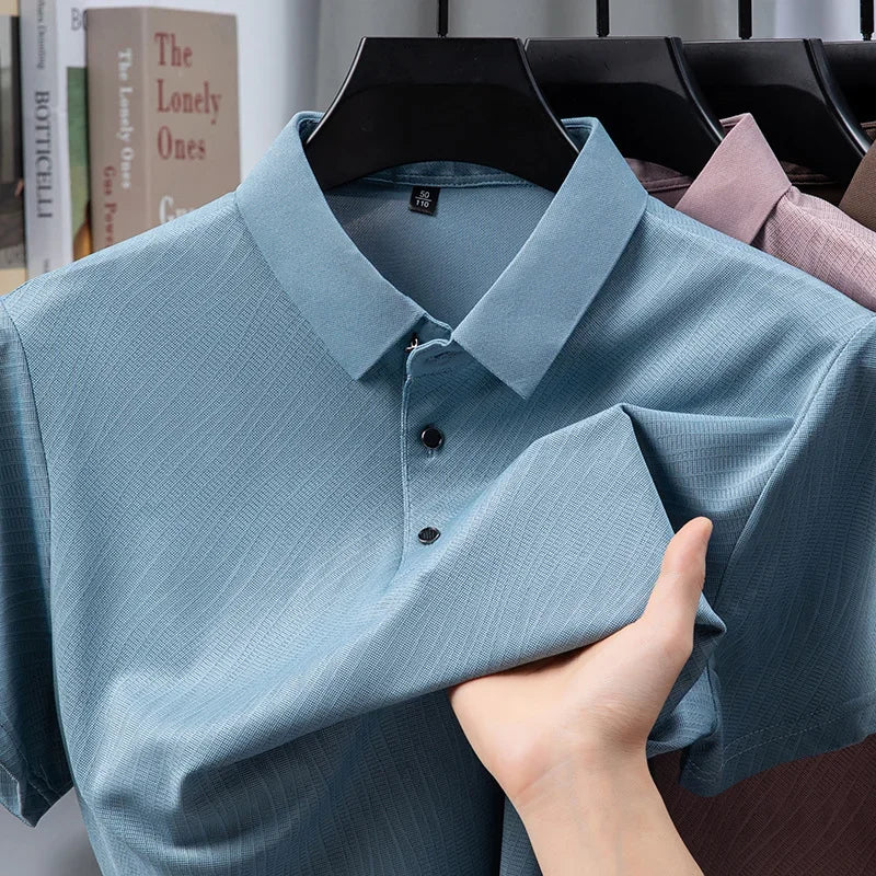 Men's Textured Polo Shirt - Solid Lapel, Breathable Office Casual