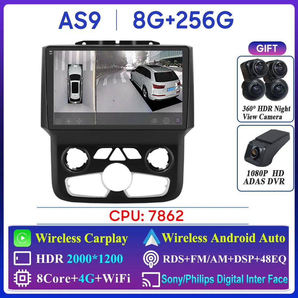 For Dodge Ram 1500 2500 3500 2013-2018 Car Radio Navigation GPS Carplay Stereo Android Auto Multimedia Player DVD Bluetooth 5G