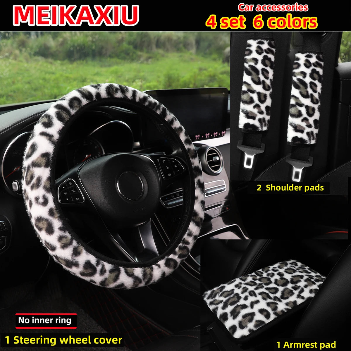4-Piece Winter Plush Steering Wheel Cover Leopard Print Comfortable Car Rimless Shoulder Cover Armrest Pad Set