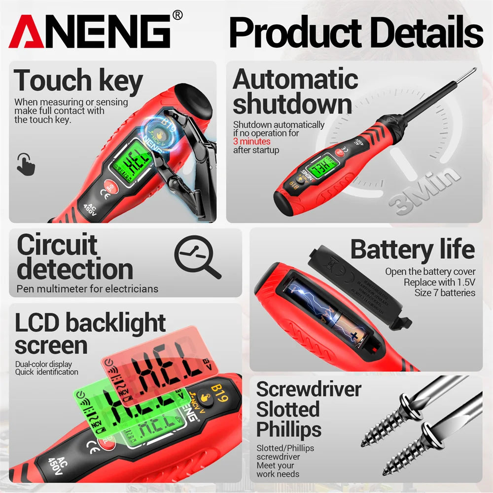 ANENG B19 Cross/flat Screwdriver Pen Small Handheld Test Pencil Non-contact Detection 30-1000V Voltage Buzzer Breakpoint Finder