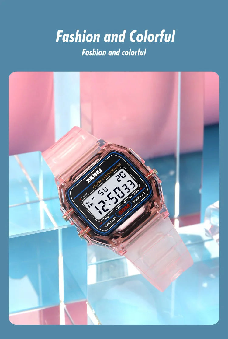 Skmei Women Digital Watches Fashion Transparent Case TPU Strap Led Waterproof Swimming Sports Wristwatch Female Alarm Clock