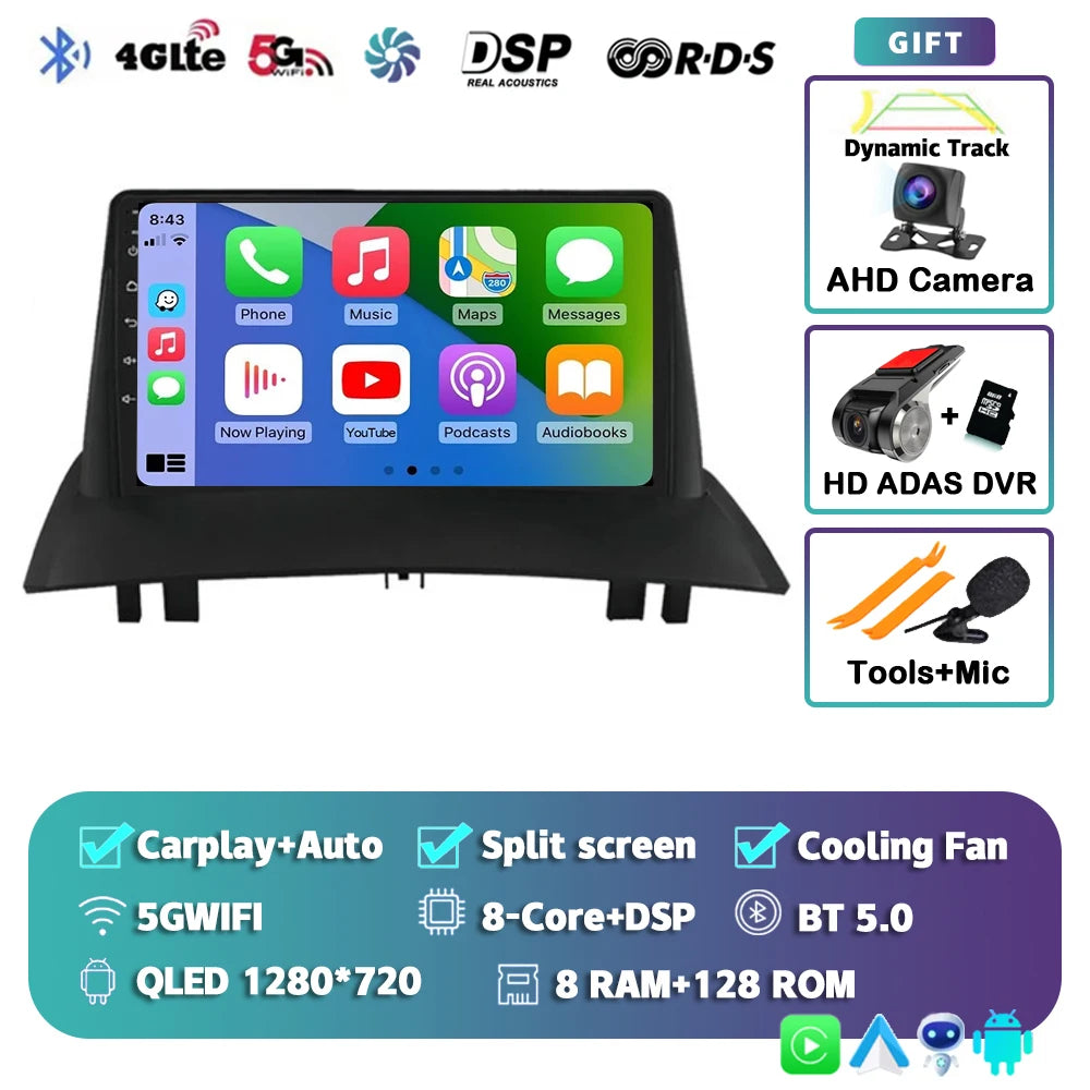Android 16 For Renault Megane 2 2002-2009 2K QLED Android Car Radio Multimedia Video Player GPS Stereo CarPlay 4G Navigationv BT