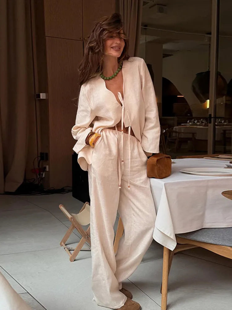 Tie-Front V-Neck Blouse & Wide-Leg Pants Set — 2-Piece