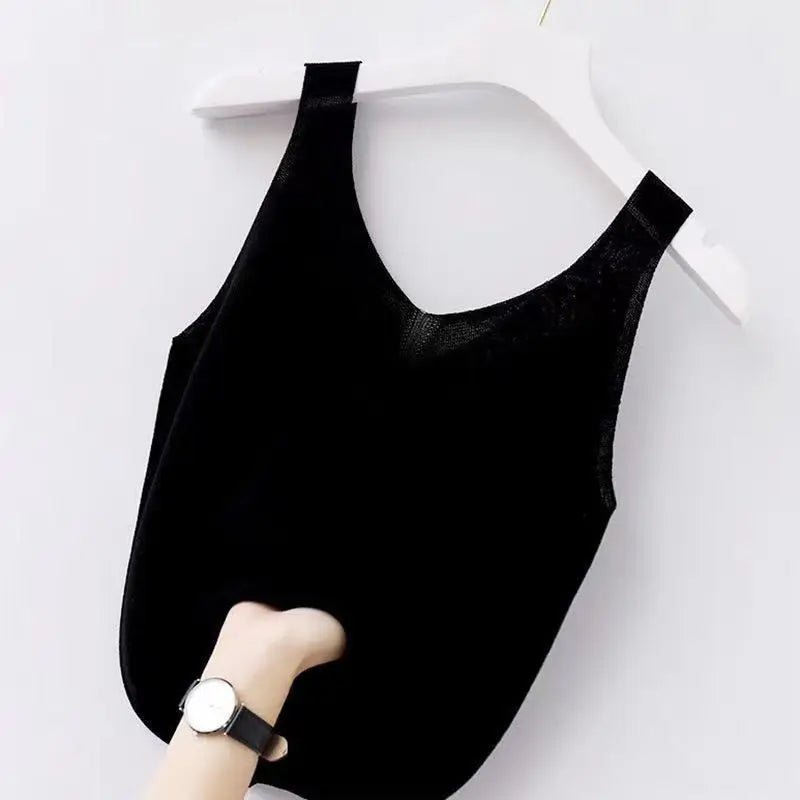 Plus Knit Tank Top V-Neck Ice Silk Sleeveless 2026 Summer Clothing Vests for Women Korean Fashion Loose Elegant Casual Cami Top