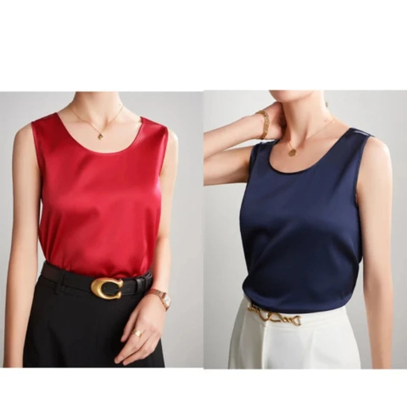 Summer Satin Mulberry Silk Tank Top Casual Versatile Champagne Tops Woman 2026 New Fashion Elegant Vest Loose Sleeveless T-shirt