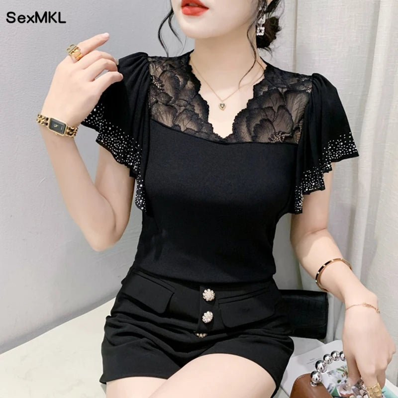Women Casual Diamonds Lace T Shirts Summer 2026 Korean Fashion Y2k Clothes Slim V Neck Harajuku Sexy Ladies Streetwear Tops Tees