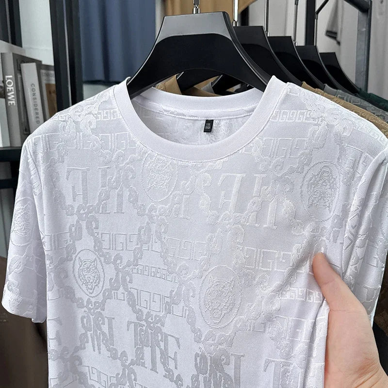Men's Ice-Silk Mesh Tee - Jacquard Crew Neck, Slim Breathable