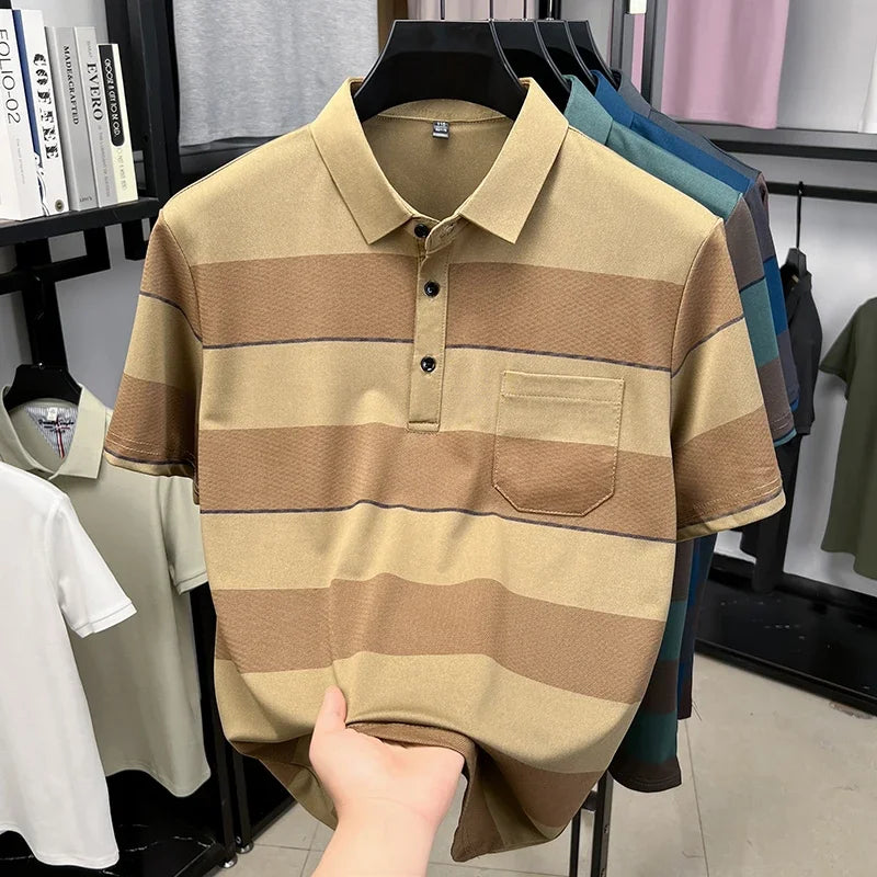 Men's Striped Mesh Polo - Lapel Three-Button, Anti-Wrinkle Knit