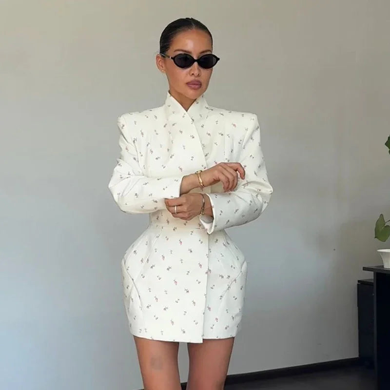 Women Cross Collar Floral Jacket Coats Stand Neck Waist Cinching Single Breasted Pad Shoulder Coats Lady Spring Chic Outwear Top
