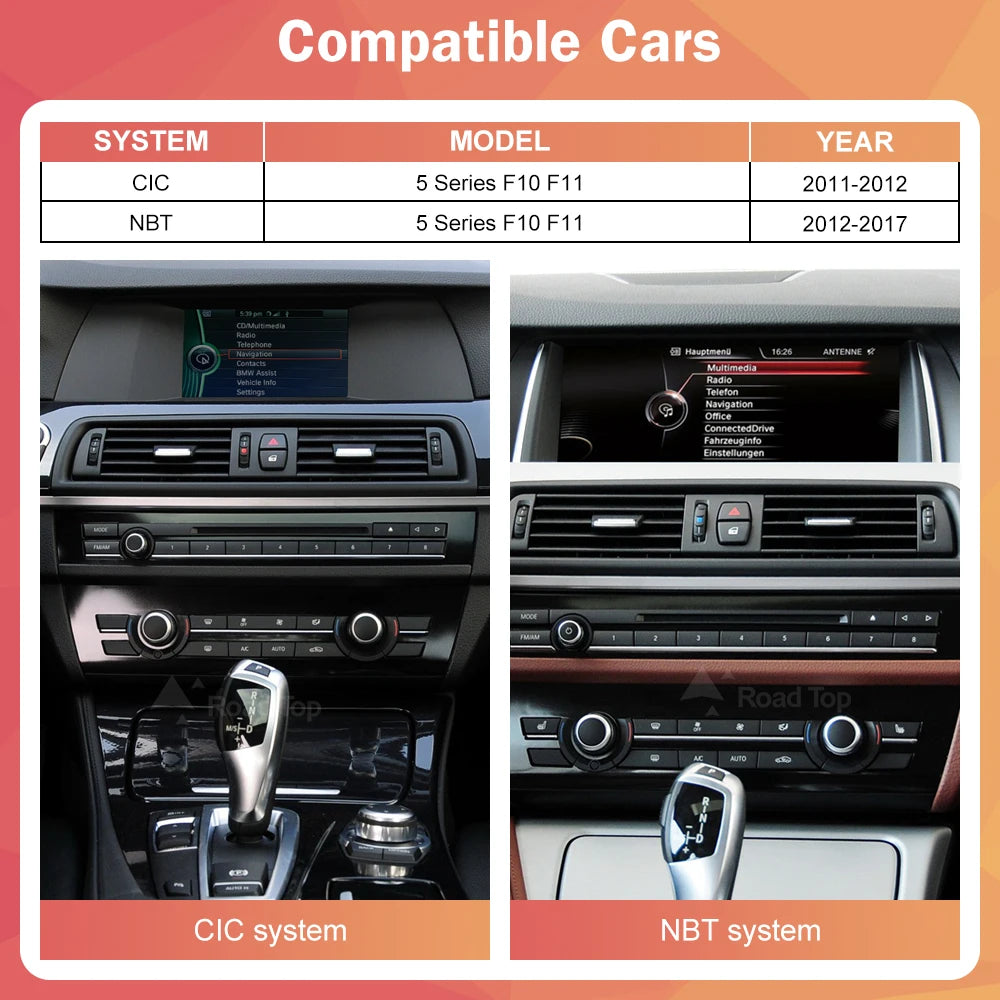 Wireless CarPlay & Android Auto Display Screen, Compatible with BMW 5 Series F10 F11 (CIC/NBT)
