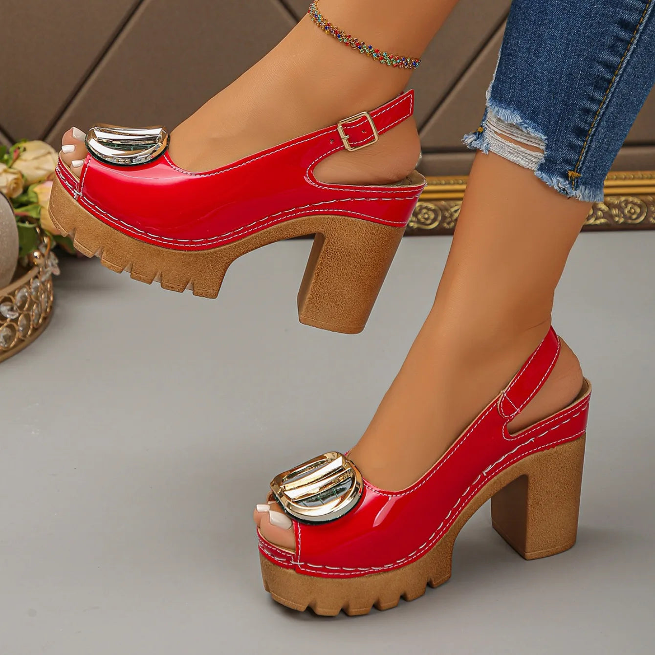 Summer New Women's Fashion Metal High-heeled Sandals Gladiator Casual Versatile Fish Mouth Sandals Roman High Heels Women Shoes