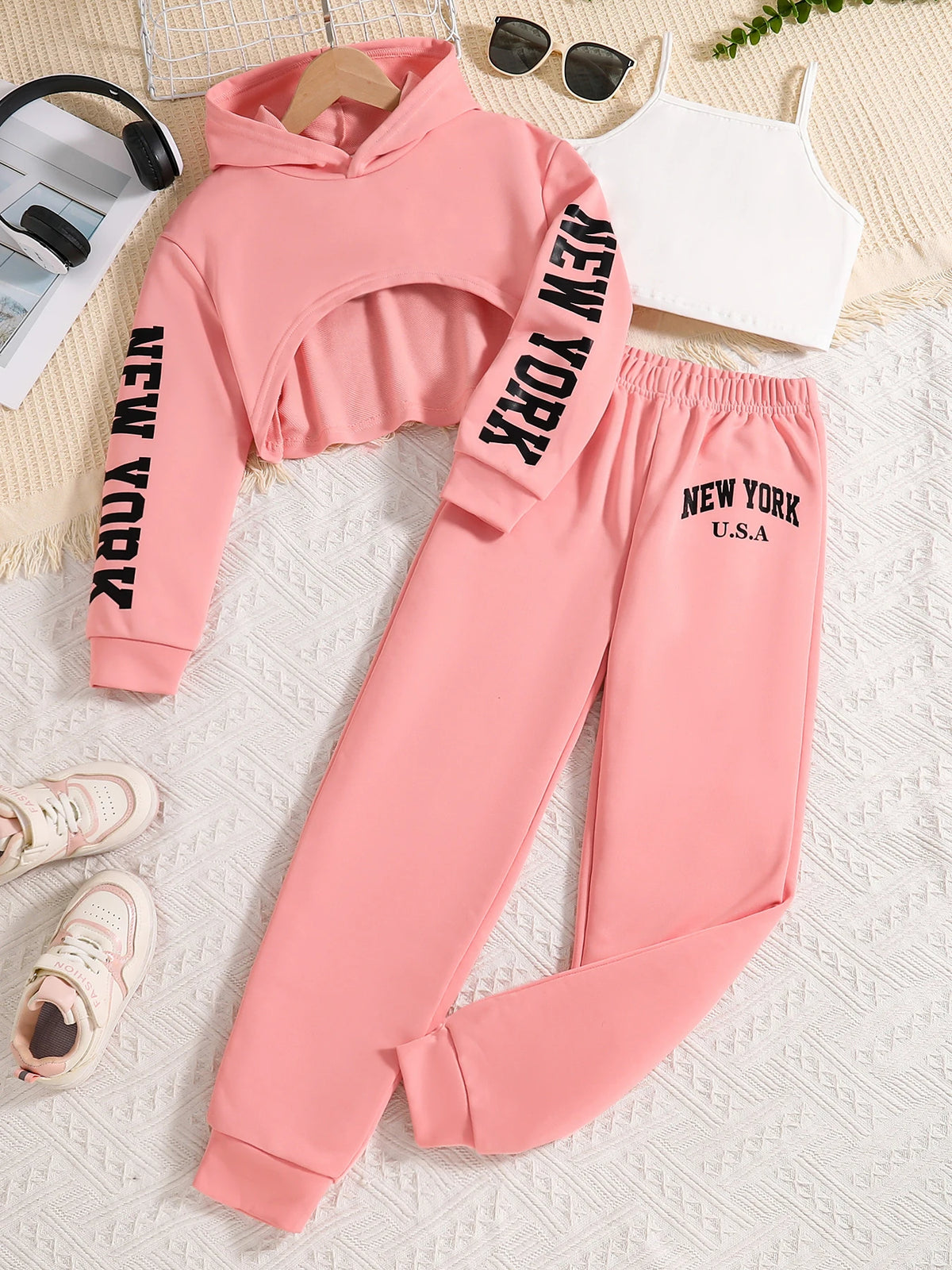 Children's clothing Spring and Autumn fashion girls' set letter printed pink hooded sweatshirt+white vest+pink pants 3 prceset