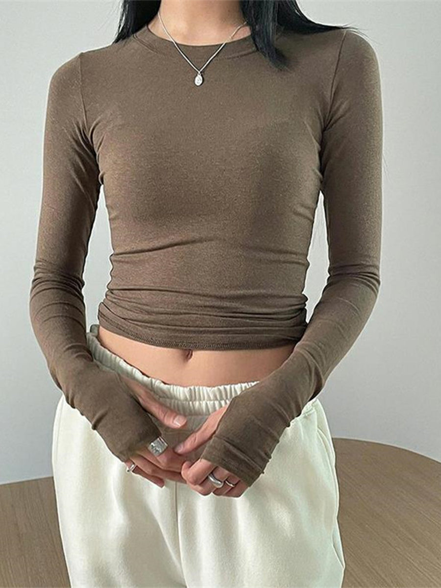 Women Casual Thumb Hole Shirt Trendy  Fit Long Sleeve Round Neck Tops Summer Solid Color Tee