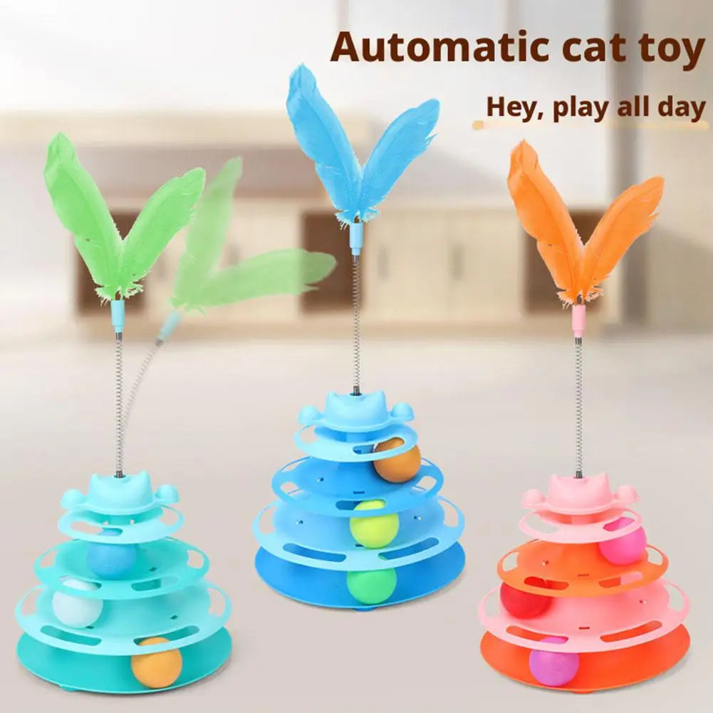4-Layer Cat Track Toy with Feather Wand - Roller Turntable – photo 3