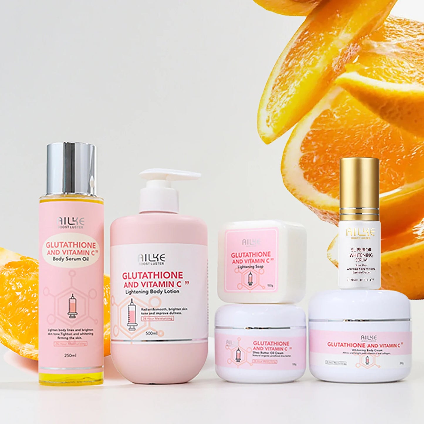AILKE Glutathione & Vitamin C Brightening Skincare Kit – Whitening Body Lotion, Cream, Serum, Soap & Spa Oil Set