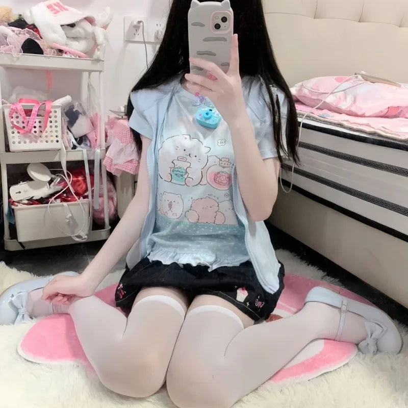 Kimutomo Japanese Petite Sweet Cute Replica Girl Outfit Short Sleeved Top Women Versatile Group Print Butterfly Round Neck