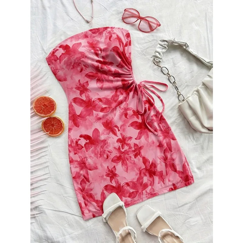 Women's 2026 Floral Print Tube Mini Dress Strapless Backless Party Club Short Ruched Drawstring Bodycon Party Dresses Streetwear