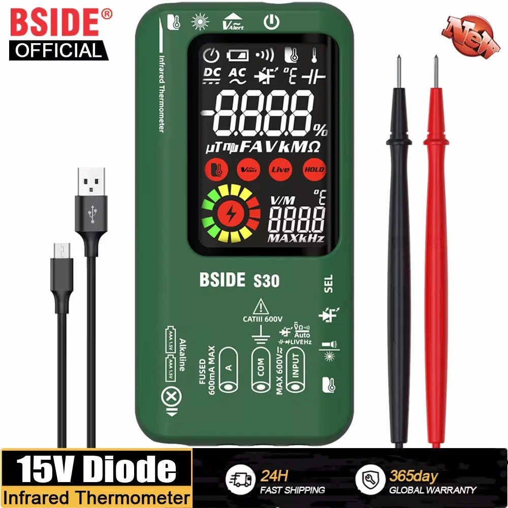 BSIDE S30 Digital Multimeter Infrared Temperature Measurement 15V Diode LED Tester DC AC Voltage Rechargeable Smart Tester DMM