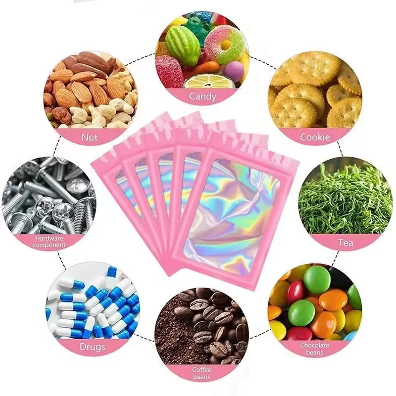 100Pcs Holographic Ziplock Bags Plastic Laser Iridescent Zip Bags for Manicure Eyelash Display Earrings Ring Jewelry Storage Bag