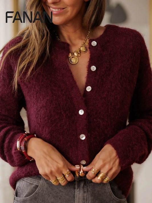 Women's Burgundy Round Neck Knit Cardigan - Fitted Commuter Sweater