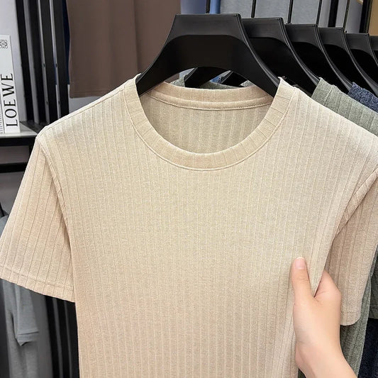 Men's Vertical Ribbed Tee - Crew Neck, Soft Elastic Daily Fabric