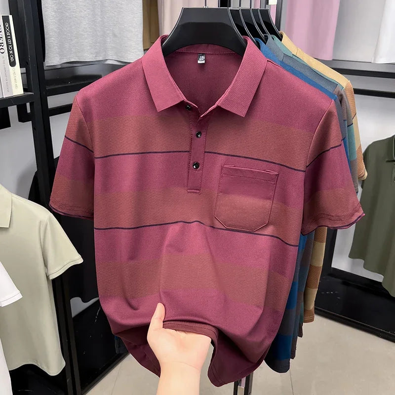 Men's Striped Mesh Polo - Lapel Three-Button, Anti-Wrinkle Knit