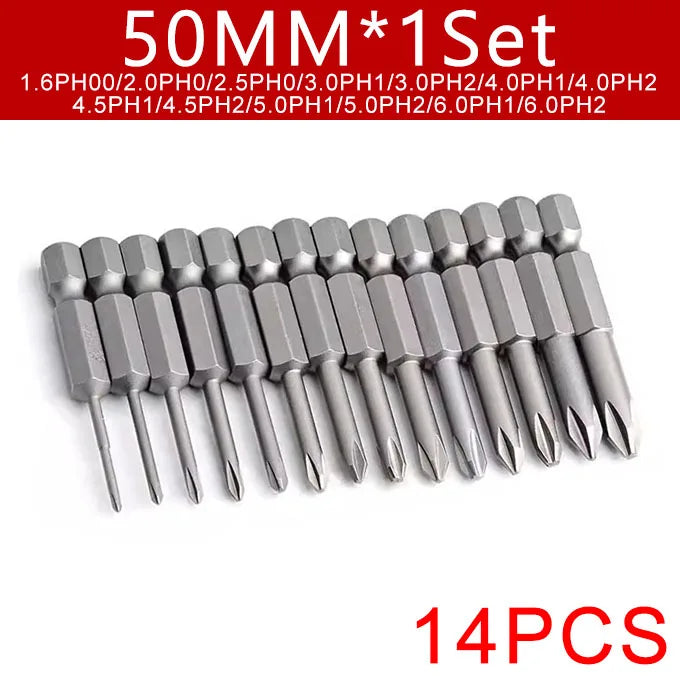 Cross Screwdriver Bit Set — 50mm Alloy Steel 1/4" Hex PH0/PH1/PH2 Bits