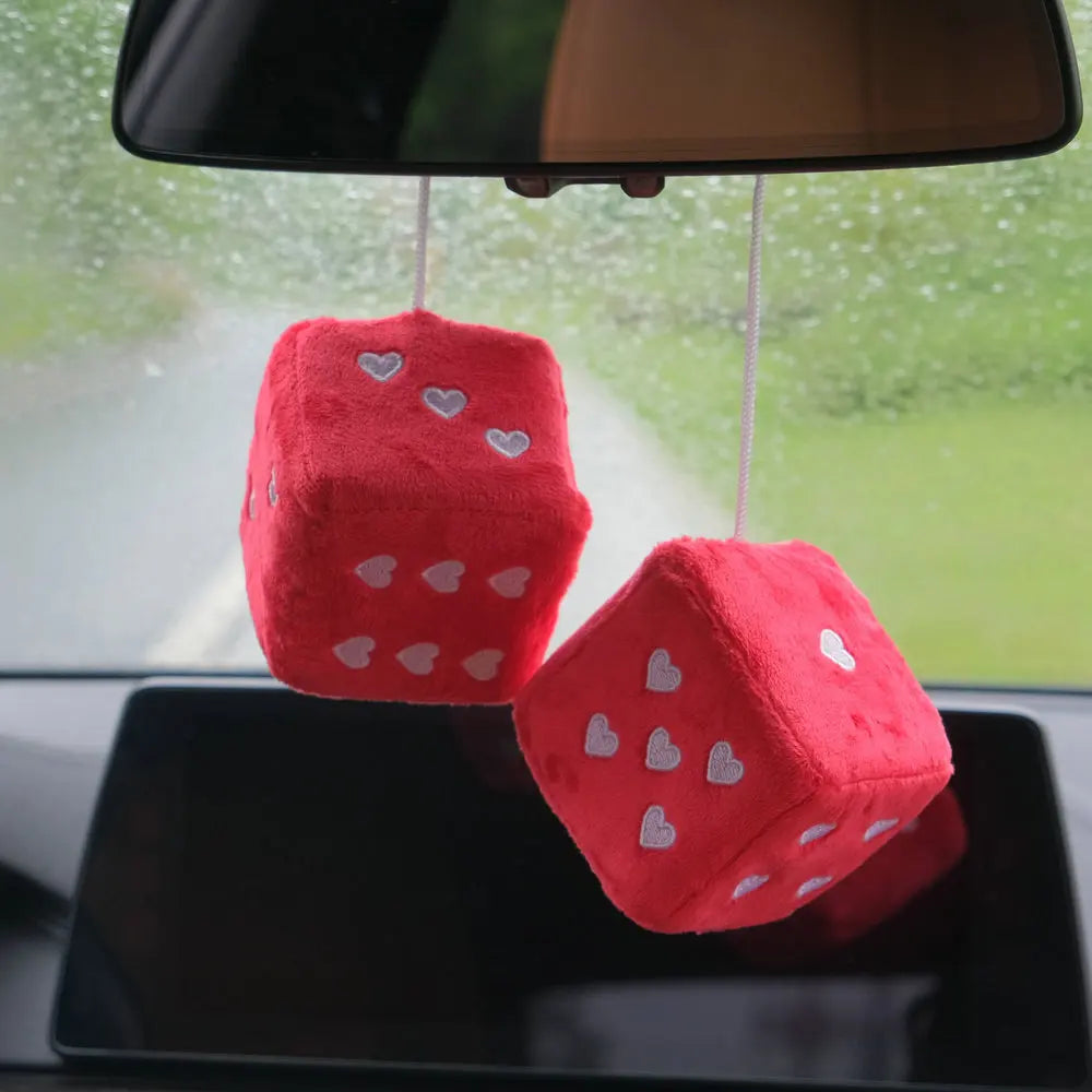 1 Pair 7cm Fuzzy Plush Dice Heart Shape Decor for Car Rearview Mirror, Retro Square Decoration Dice for Car Hanging Accessories