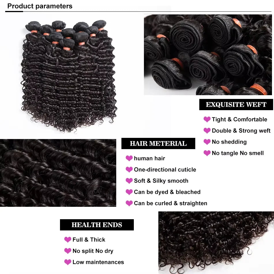 PD 30 32 36 40 Inch Deep Wave Human Hair Bundles Brazilian Remy Unprocessed Weaving Curly Hair Bundles 1 2 3 4 Extensions Deals
