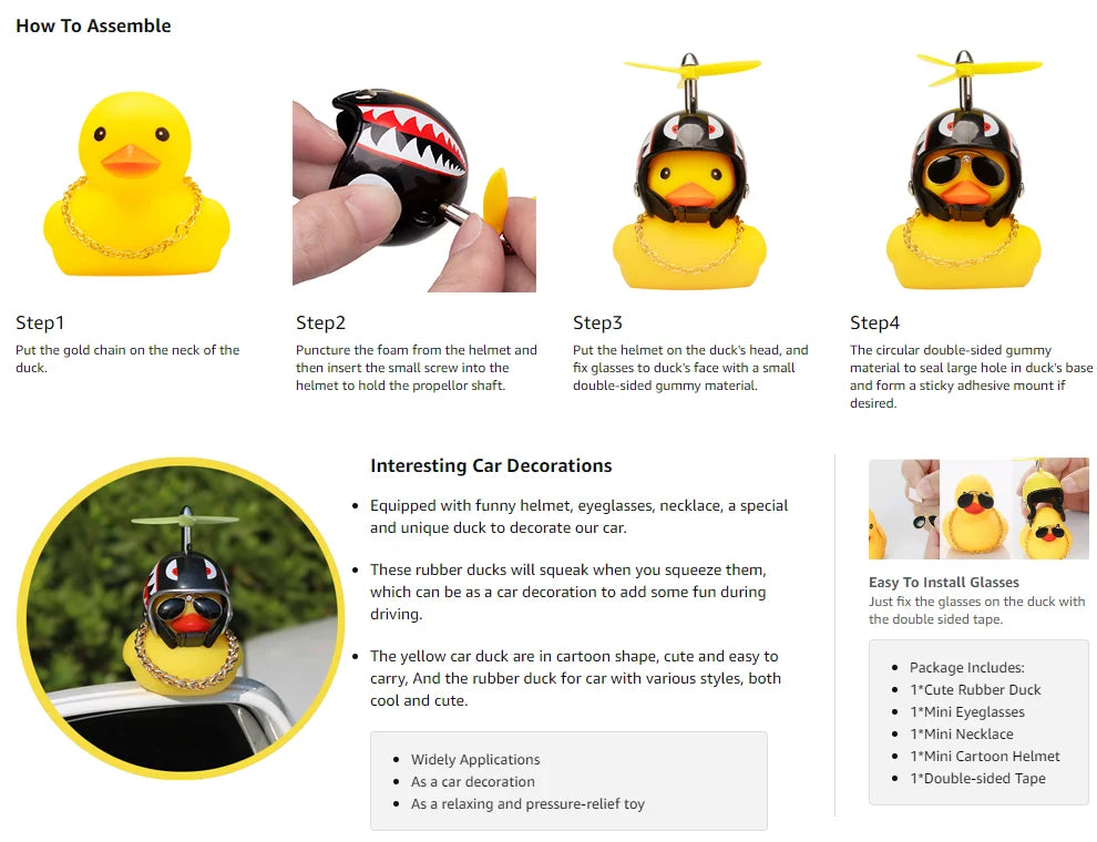 Motorcycle Accessories Cute Duck with Propeller Helmet Broken Wind Rubber Duck Toy Car Bicycle Small Yellow Duck Decor Ornaments