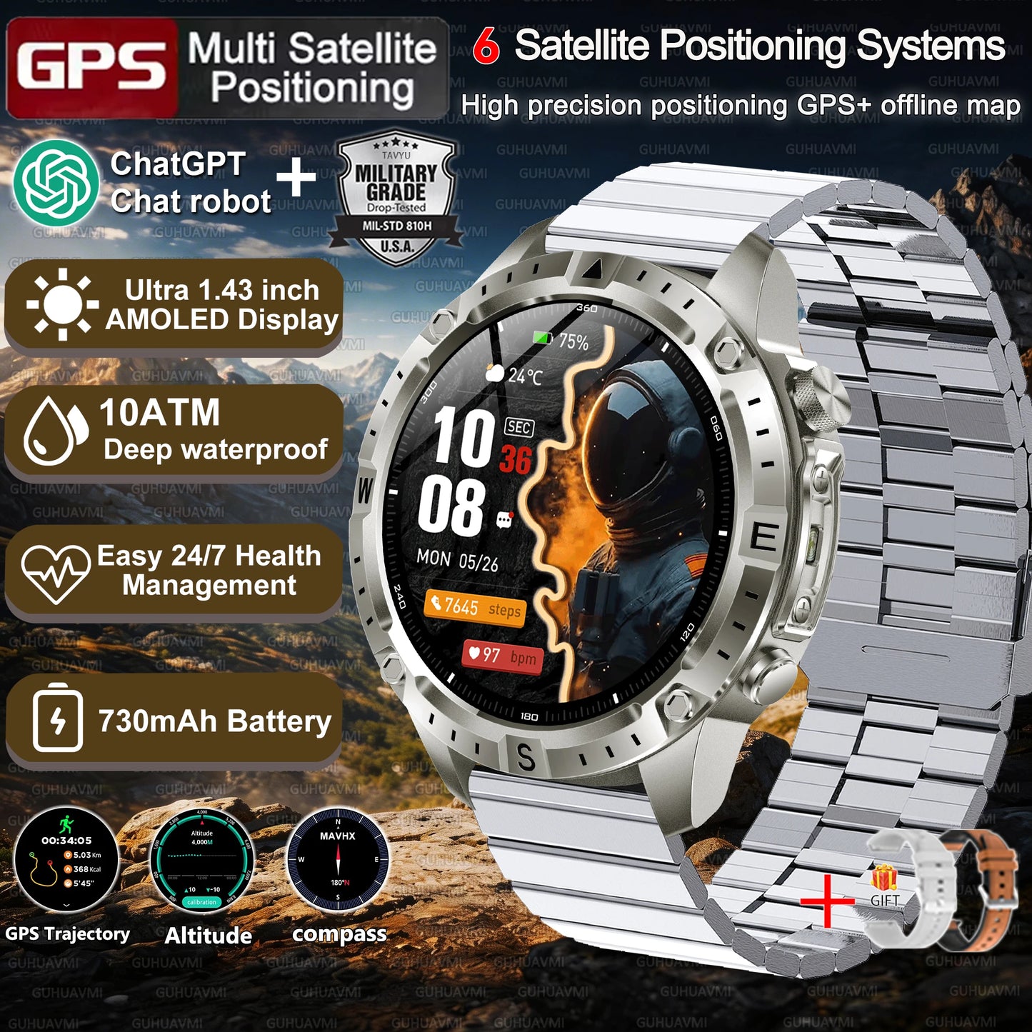 Military-Style GPS Smart Watch — Offline Maps, 10ATM, 2GB RAM