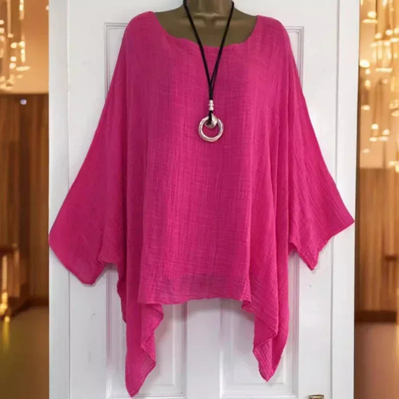 Women's Plus-Size Linen T-Shirt — Loose Batwing Long-Sleeve Top (to 5XL)