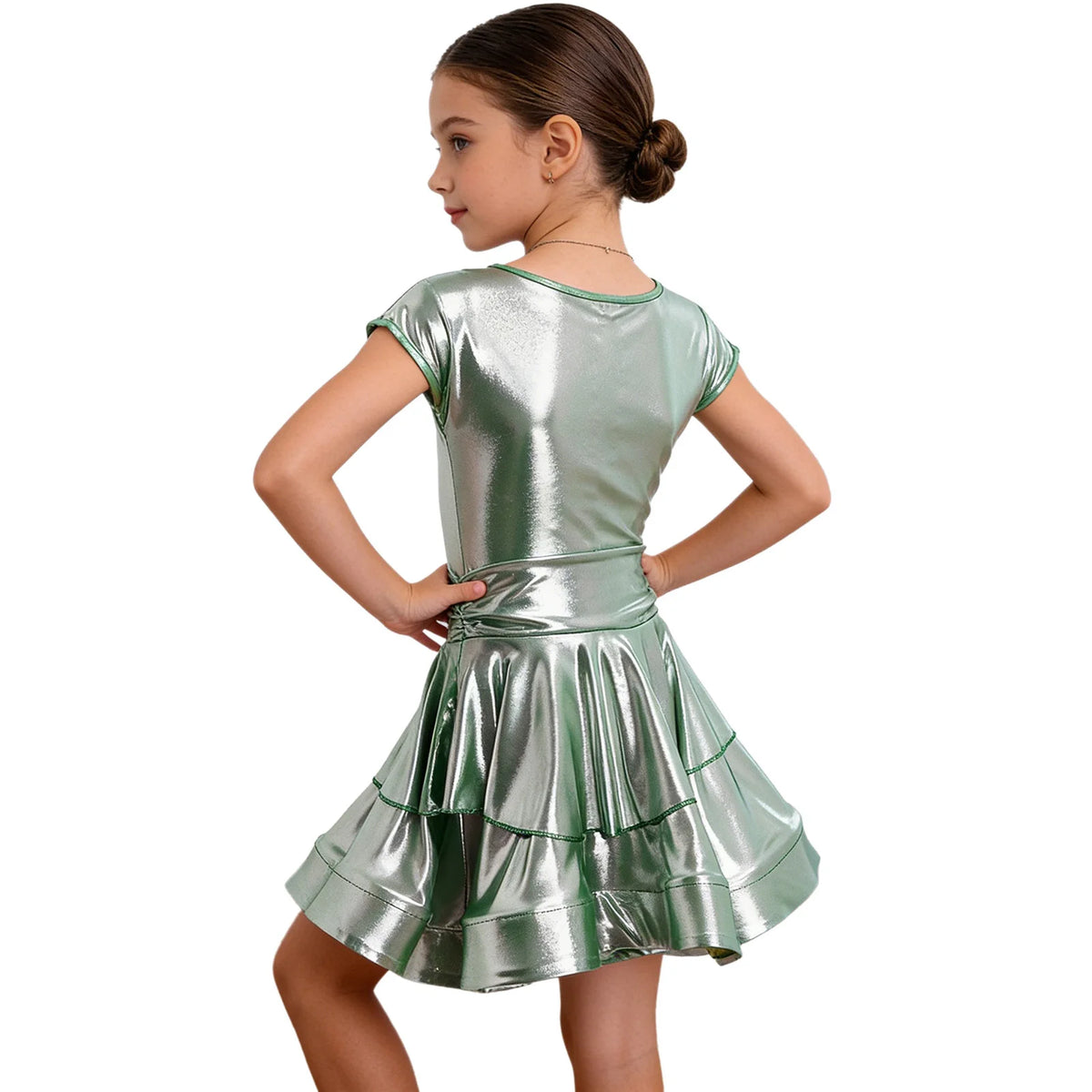 Girls cap-sleeve tiered metallic Latin dress