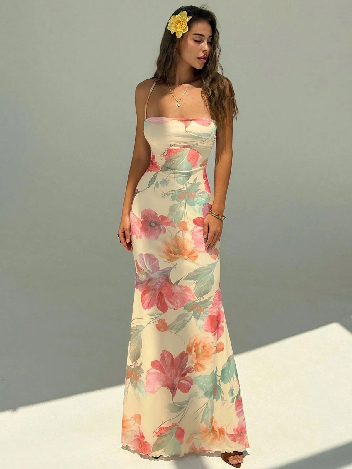 Women Floral Print Cross Tie Back Mermaid Maxi Dress Spaghetti Strap Backless Summer Vacation Beach Long Slip Dress