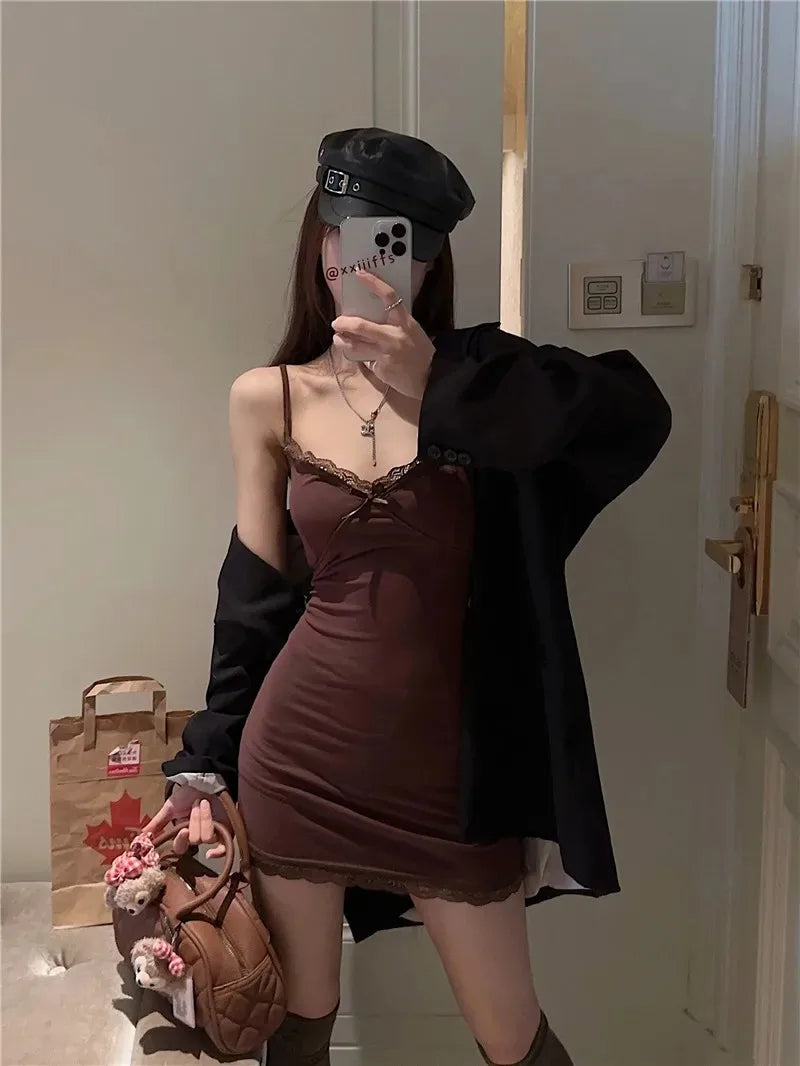 Women's Lace Suspender Slim Bodycon Mini Dress – Low V-Neck Hip Skirt with Breast Pads | S–XL (Apricot, Black, Gray, Brown)