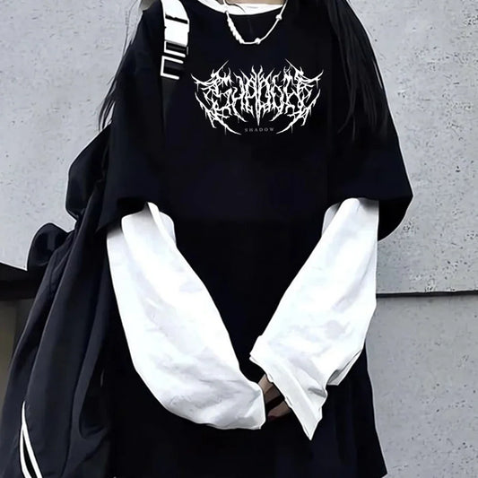 Fashion Punk Dark Style Printed Round Neck T-shirt Y2K Sport Harajuku Thin Women's Top Long Sleeves T Shirt Outdoor Loose Shirt