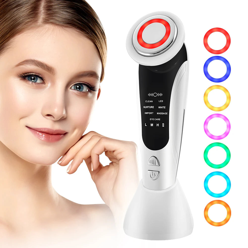 7 in 1 EMS Facial Massager Face Beauty Instrument with Induced Vibration and Hot Compress Face Skin Care Tool LED Light Therapy , Women